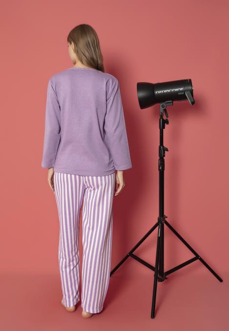 Pijama damă vătuită cu mânecă lungă și pantaloni lungi din bumbac, imprimeu Lovely, Engros